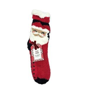 Santa Fuzzy Cozy Slipper Lounge Socks Womens Christmas Kris Kringle Red Grippers